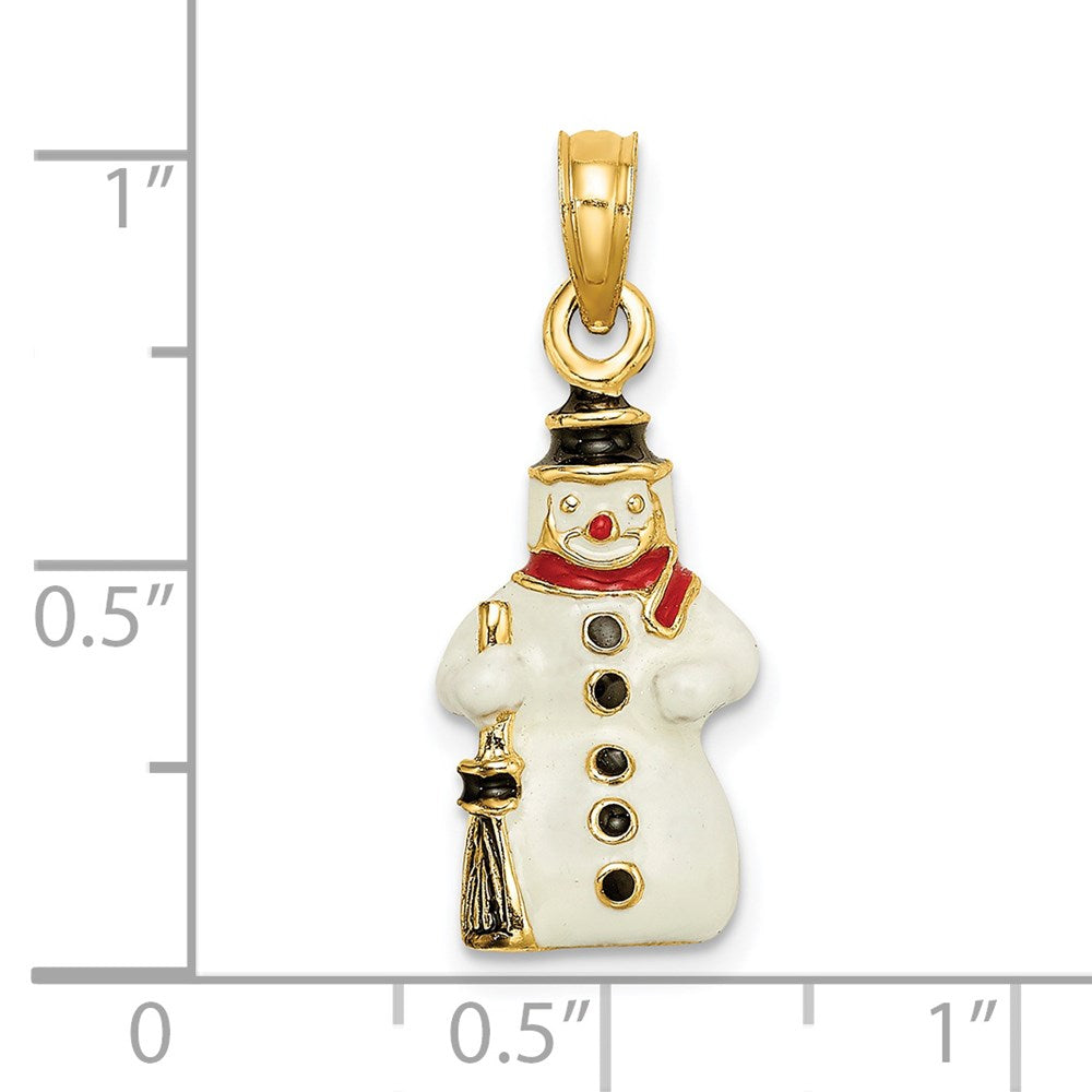 Million Charms 14K Yellow Gold Themed 3-D Enamel Snowman Holding Broom Charm