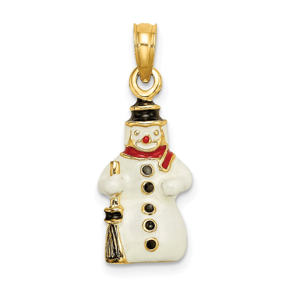 Million Charms 14K Yellow Gold Themed 3-D Enamel Snowman Holding Broom Charm