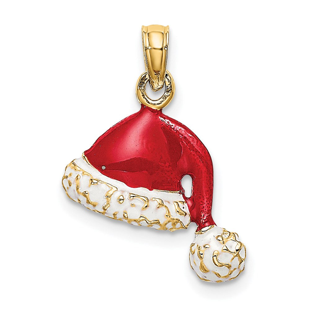 Million Charms 14K Yellow Gold Themed 3-D With Red & White Enamel Santa Hat Charm