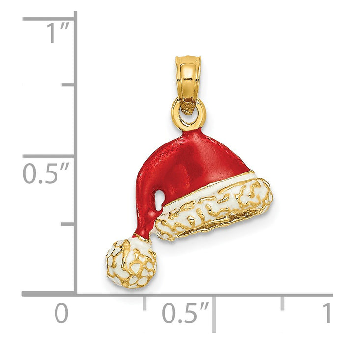 Million Charms 14K Yellow Gold Themed 3-D With Red & White Enamel Santa Hat Charm