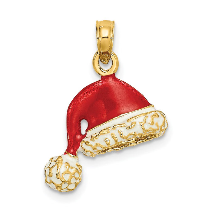 Million Charms 14K Yellow Gold Themed 3-D With Red & White Enamel Santa Hat Charm