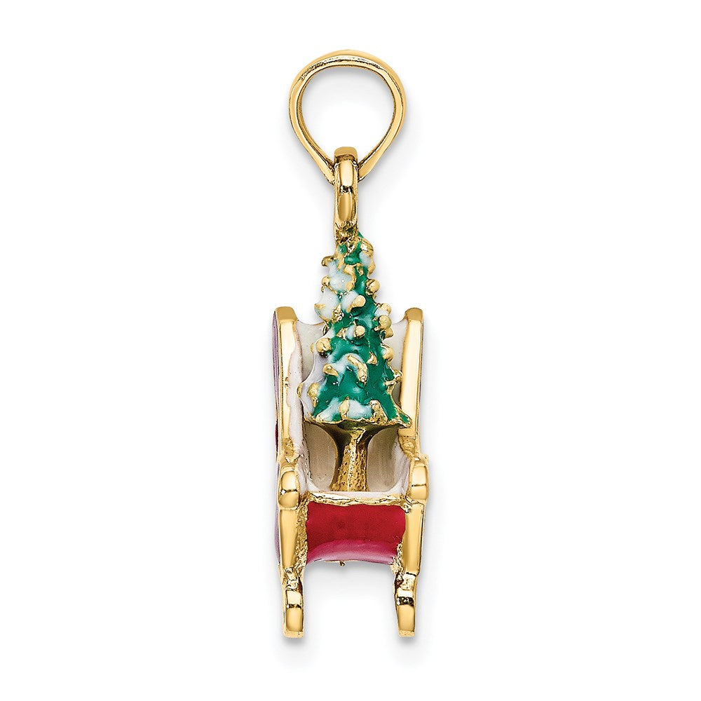 Million Charms 14K Yellow Gold Themed 3-D Enamel Sleigh With Christmas Tree Inside Charm