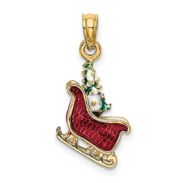 Million Charms 14K Yellow Gold Themed 3-D Enamel Sleigh With Christmas Tree Inside Charm