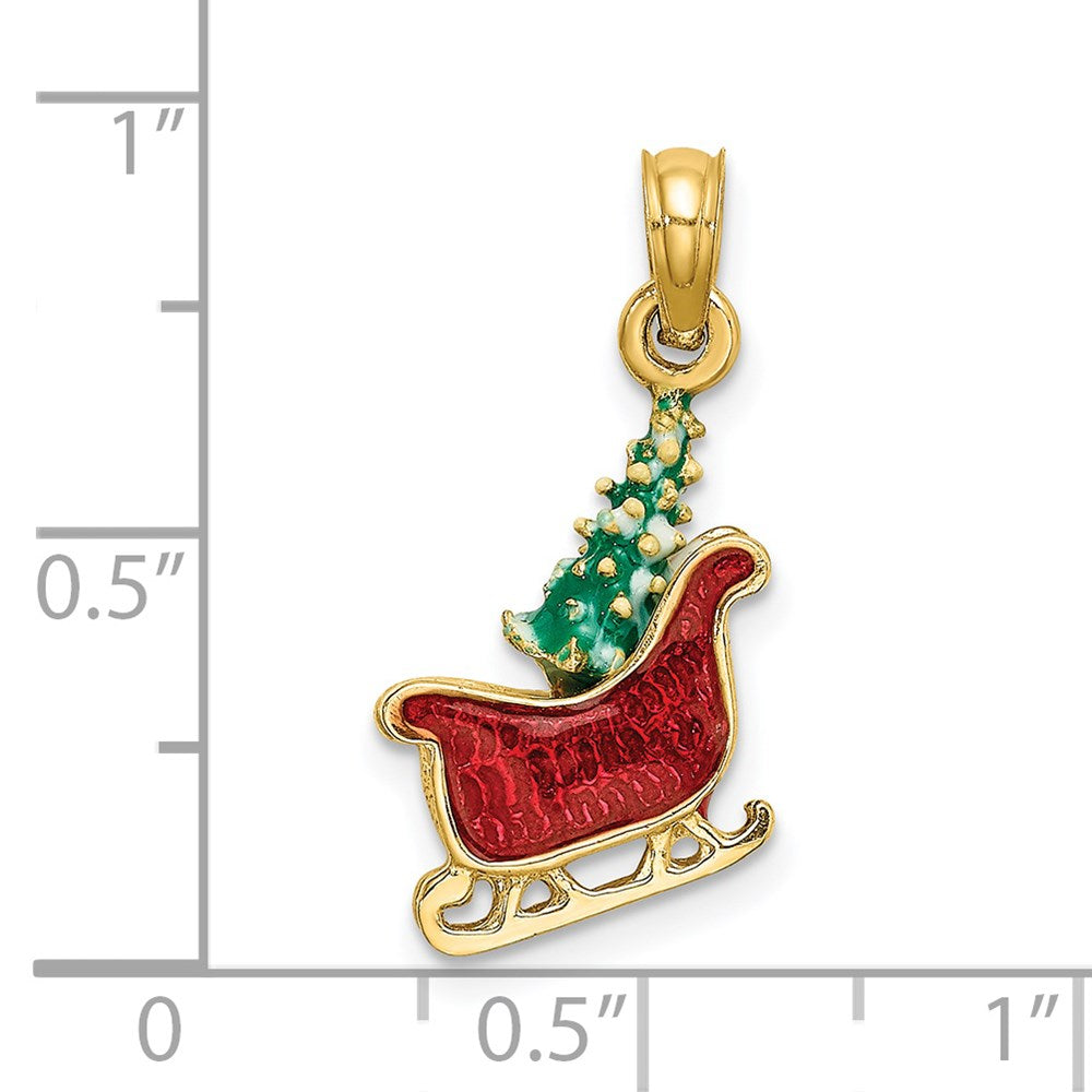 Million Charms 14K Yellow Gold Themed 3-D Enamel Sleigh With Christmas Tree Inside Charm