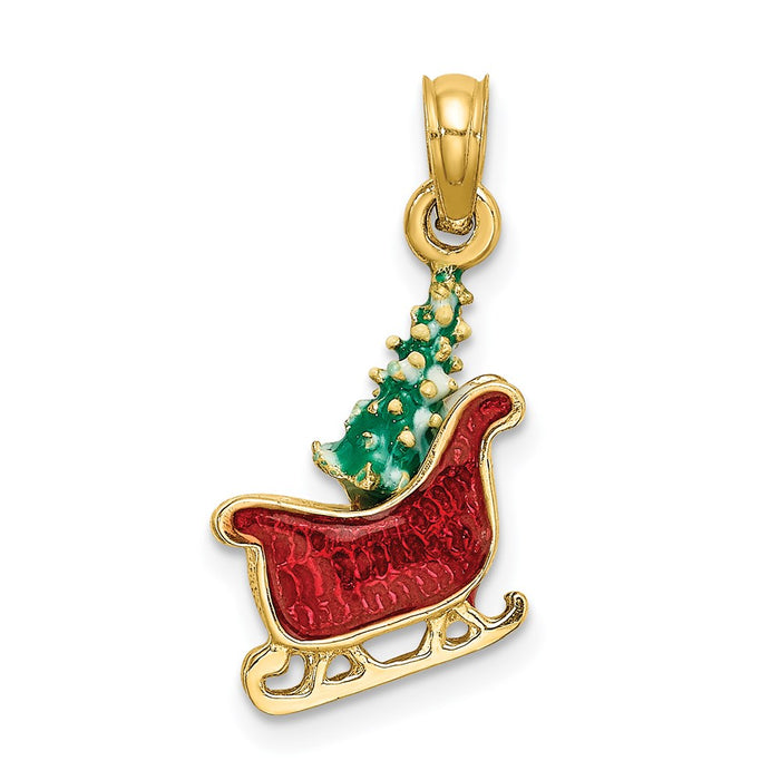 Million Charms 14K Yellow Gold Themed 3-D Enamel Sleigh With Christmas Tree Inside Charm