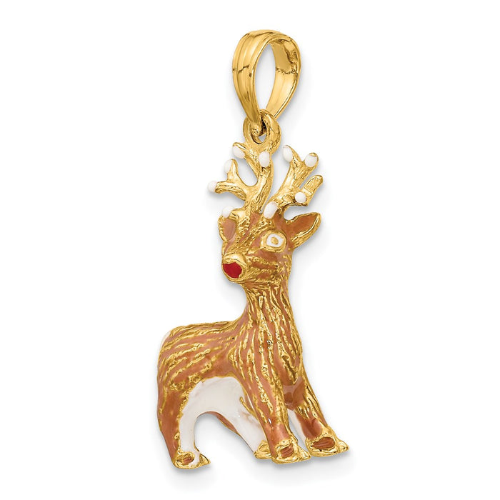 Million Charms 14K Yellow Gold Themed 3-D Enamel Rudolph The Red Nose Reindeer Charm