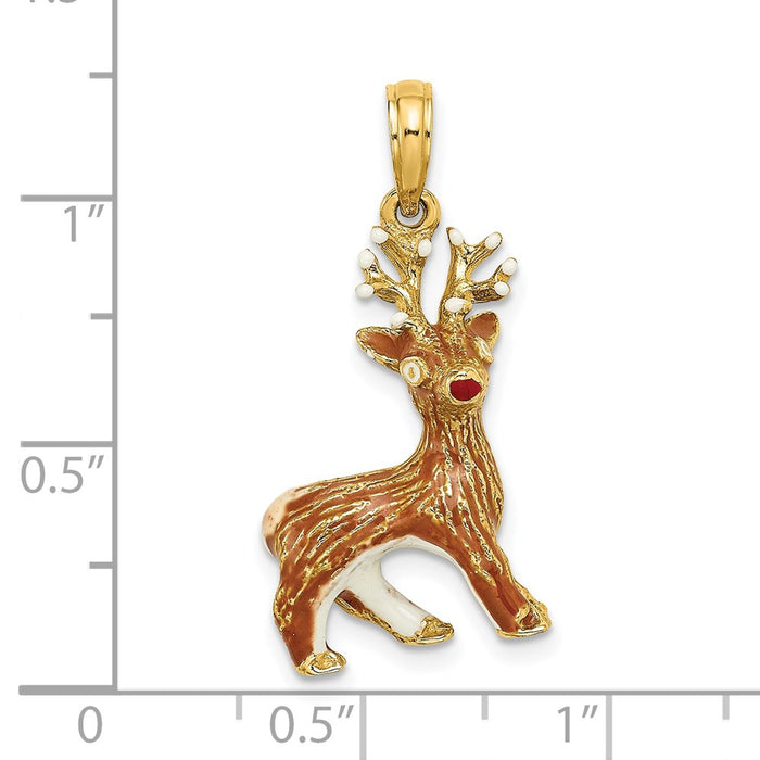 Million Charms 14K Yellow Gold Themed 3-D Enamel Rudolph The Red Nose Reindeer Charm