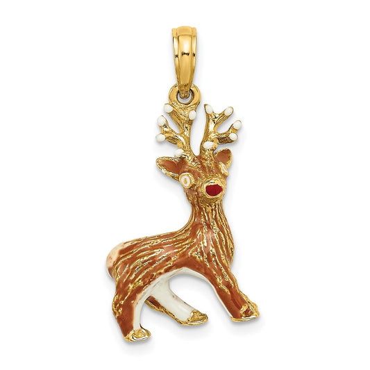Million Charms 14K Yellow Gold Themed 3-D Enamel Rudolph The Red Nose Reindeer Charm