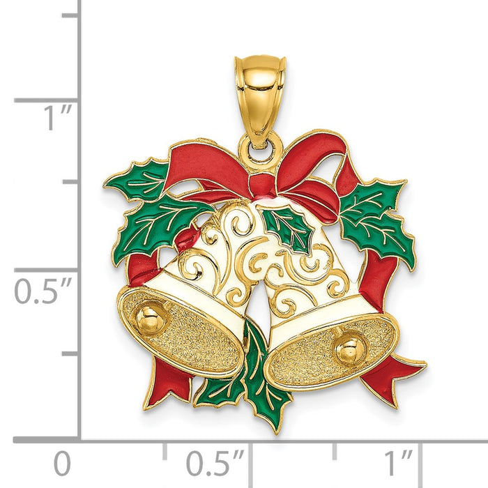 Million Charms 14K Yellow Gold Themed Enamel Holiday Bells & Holly Charm