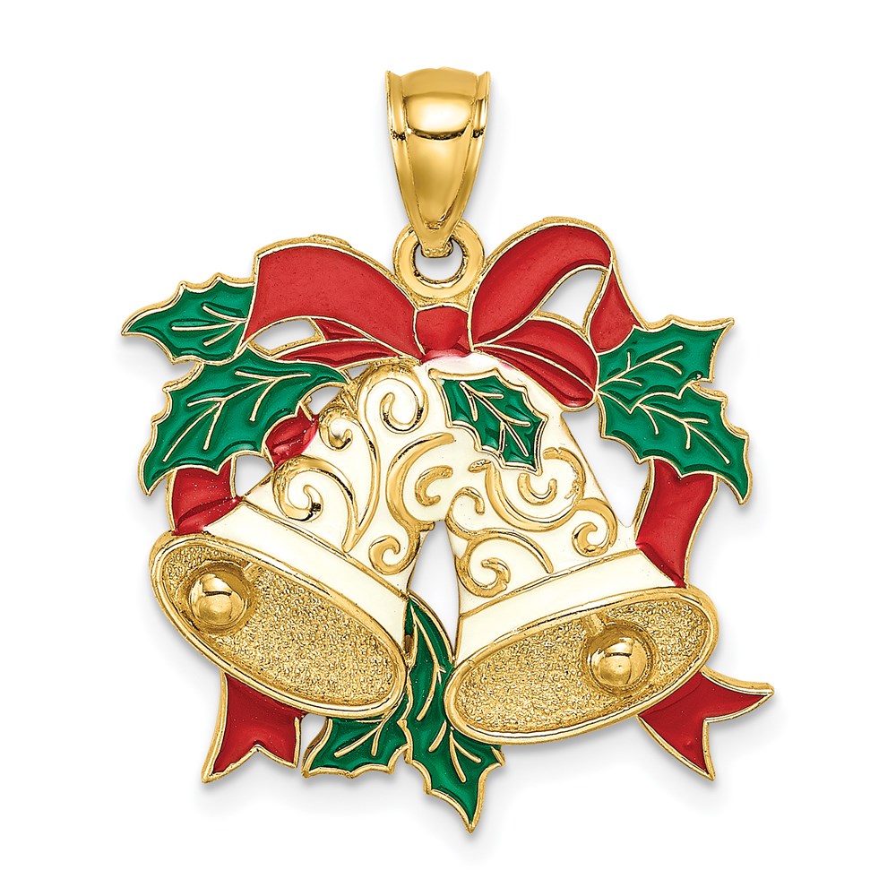 Million Charms 14K Yellow Gold Themed Enamel Holiday Bells & Holly Charm