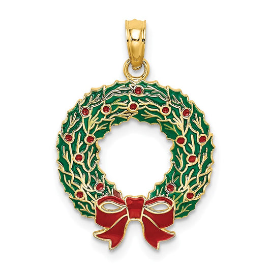 Million Charms 14K Yellow Gold Themed Enamel Christmas Wreath Charm
