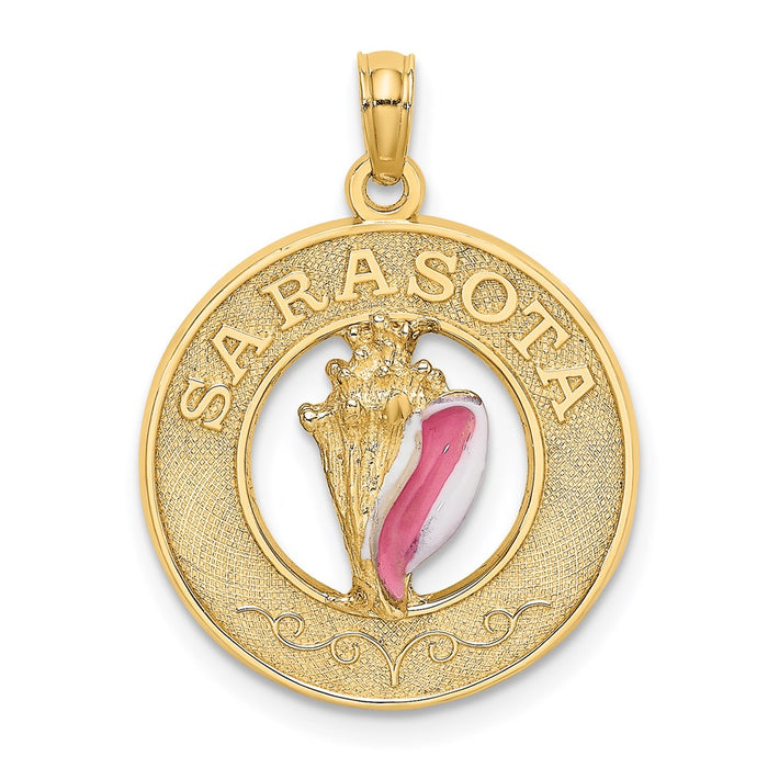 Million Charms 14K Yellow Gold Themed Sarasota Round Frame With Enamel Conch Shell Charm