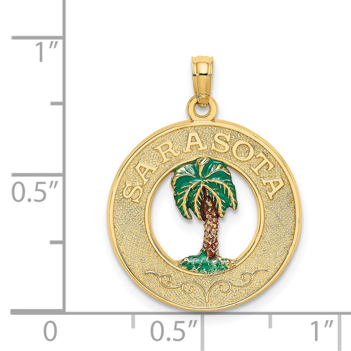 Million Charms 14K Yellow Gold Themed Sarasota On Round Frame With Enamel Palm Tree Charm