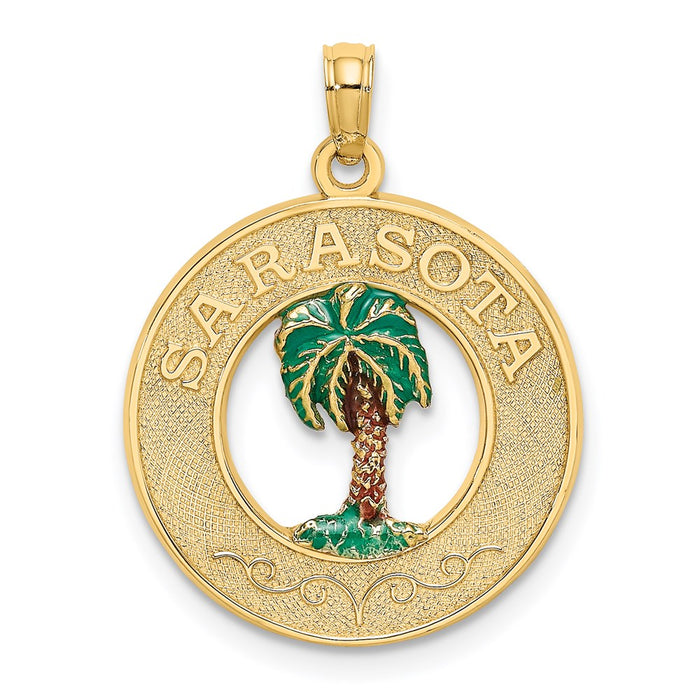 Million Charms 14K Yellow Gold Themed Sarasota On Round Frame With Enamel Palm Tree Charm