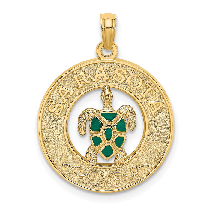 Million Charms 14K Yellow Gold Themed With Enamel Turtle Sarasota On Round Frame Charm