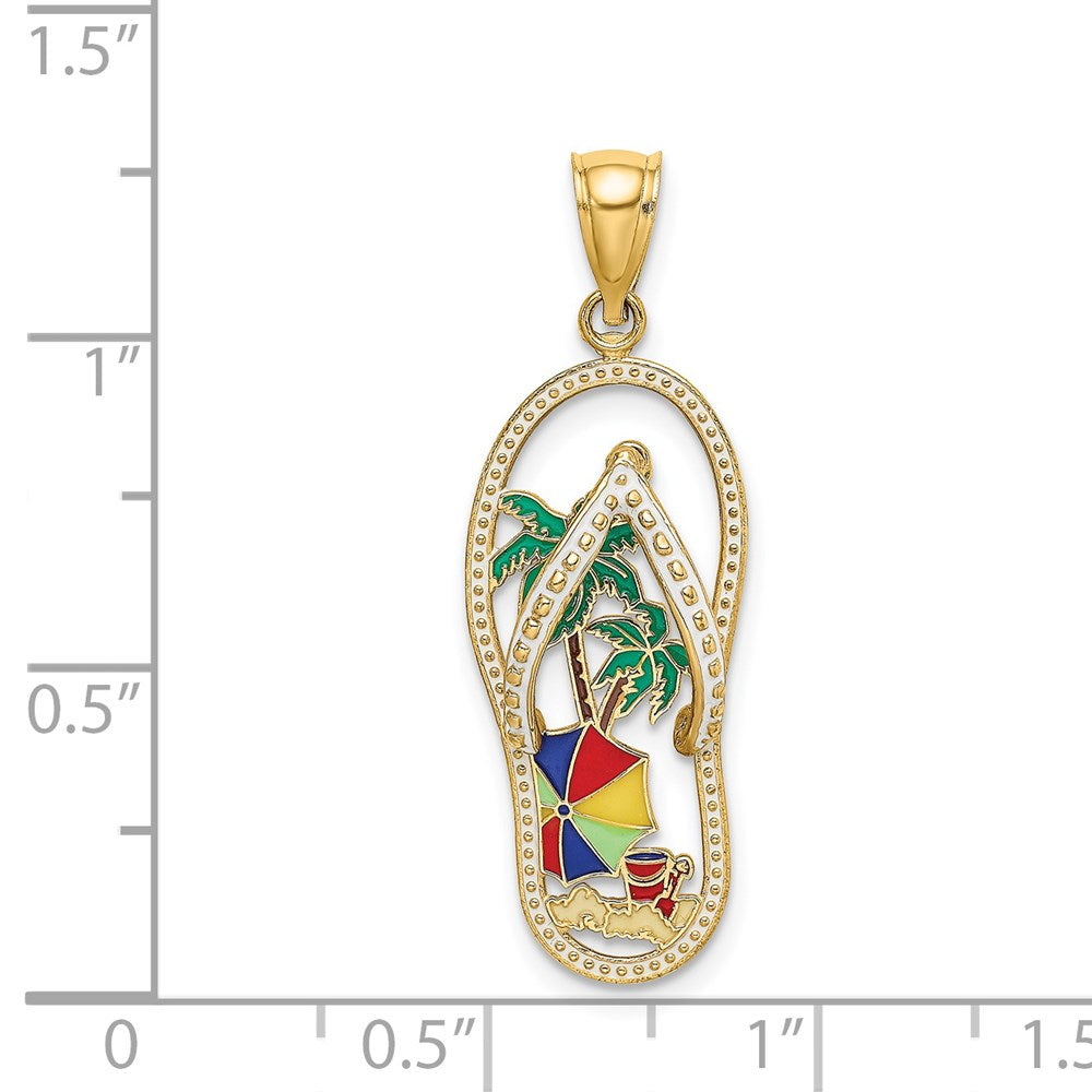 Million Charms 14K Yellow Gold Themed Enamel Palm Tree Beach Scene Flip-Flop Charm
