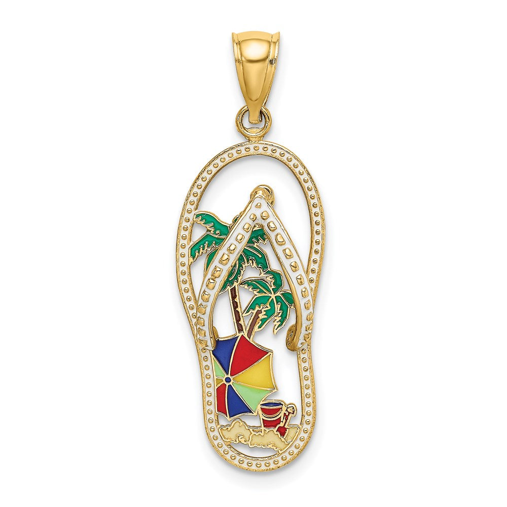 Million Charms 14K Yellow Gold Themed Enamel Palm Tree Beach Scene Flip-Flop Charm