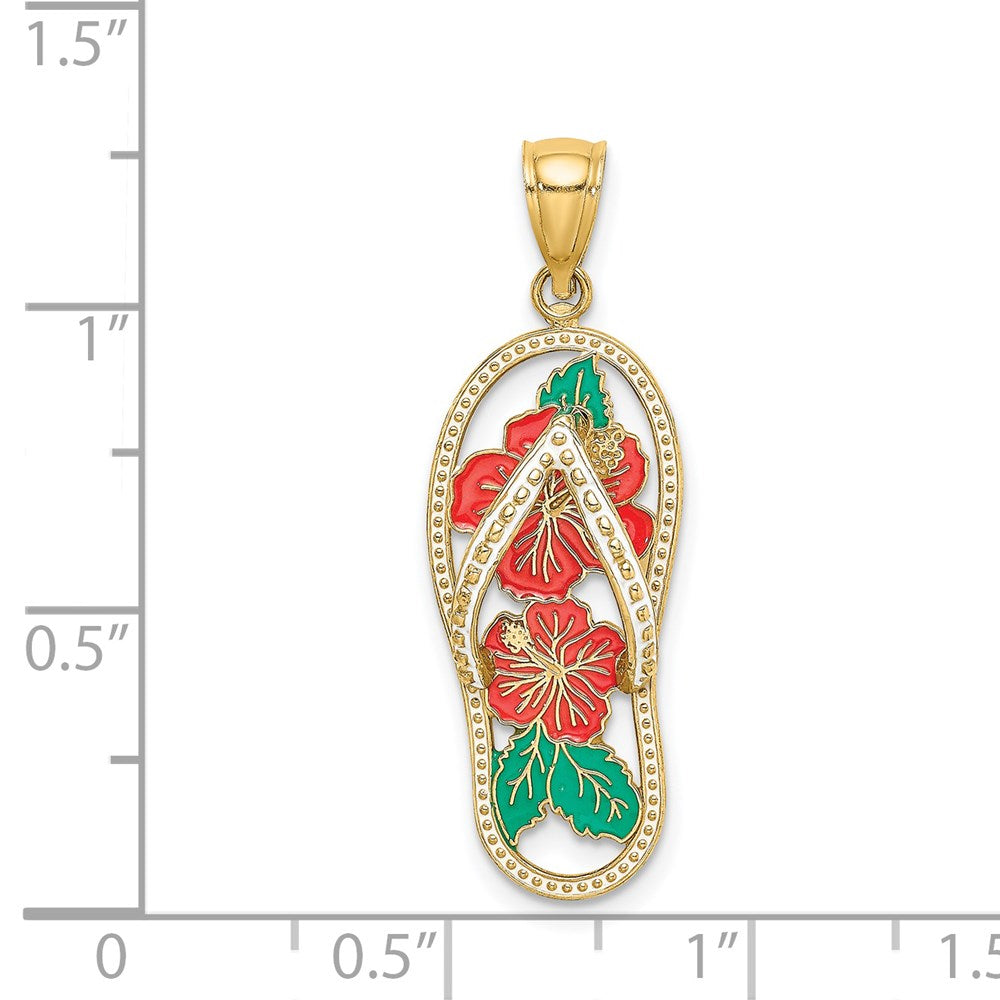 Million Charms 14K Yellow Gold Themed Enamel Red Hibiscus Flower Flip-Flop Charm