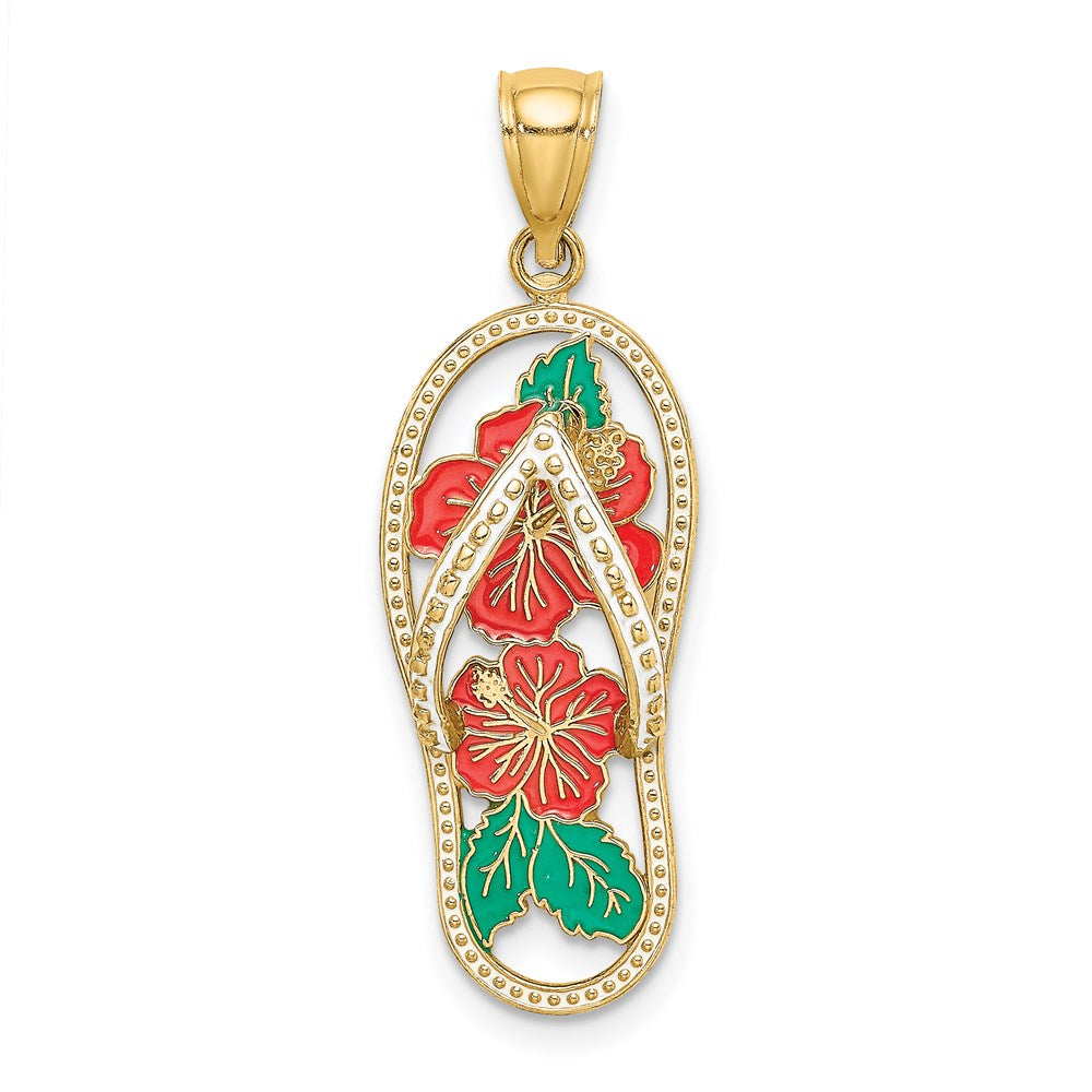 Million Charms 14K Yellow Gold Themed Enamel Red Hibiscus Flower Flip-Flop Charm