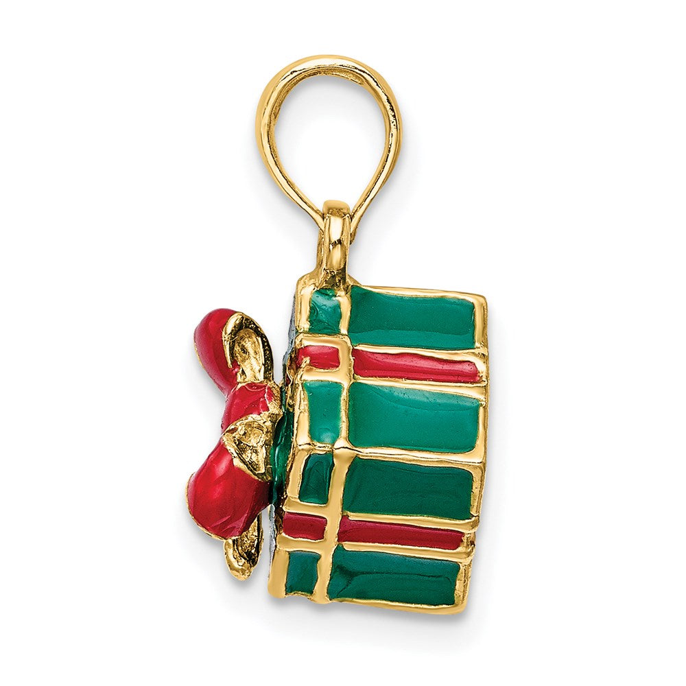 Million Charms 14K Yellow Gold Themed 3-D With Enamel Green Gift Box With Red Bow Charm