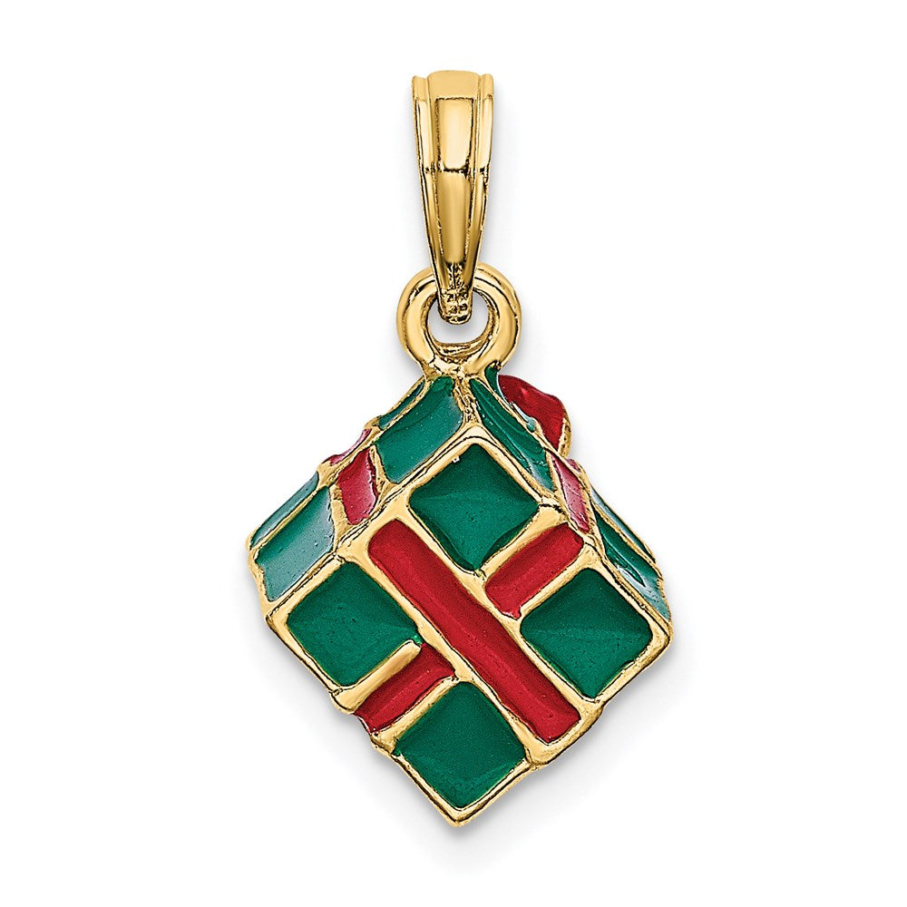 Million Charms 14K Yellow Gold Themed 3-D With Enamel Green Gift Box With Red Bow Charm