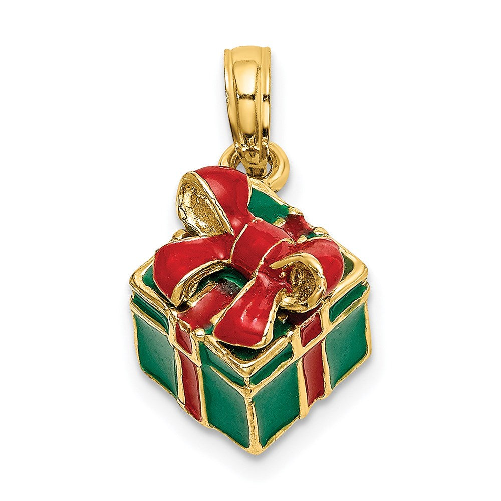 Million Charms 14K Yellow Gold Themed 3-D With Enamel Green Gift Box With Red Bow Charm