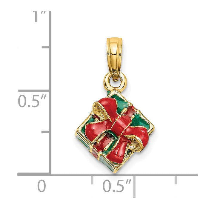 Million Charms 14K Yellow Gold Themed 3-D With Enamel Green Gift Box With Red Bow Charm