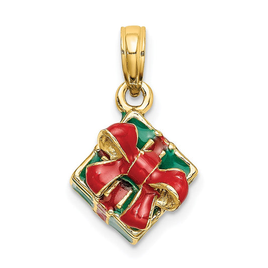 Million Charms 14K Yellow Gold Themed 3-D With Enamel Green Gift Box With Red Bow Charm