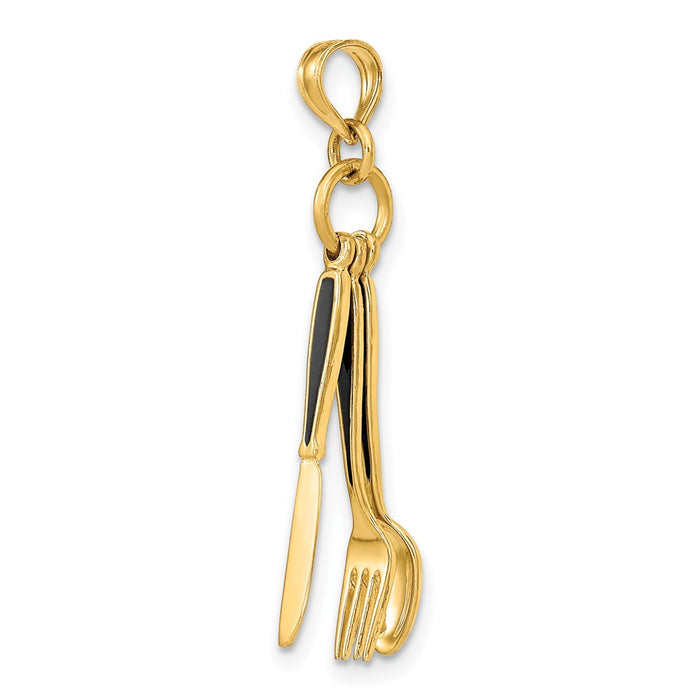Million Charms 14K Yellow Gold Themed 3-D Enamel Knife, Fork, Spoon Moveable Charm