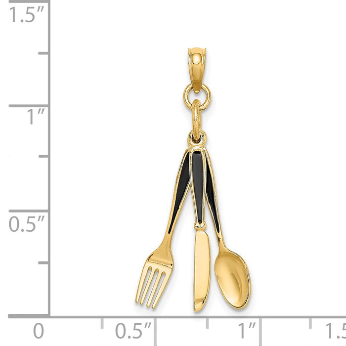 Million Charms 14K Yellow Gold Themed 3-D Enamel Knife, Fork, Spoon Moveable Charm