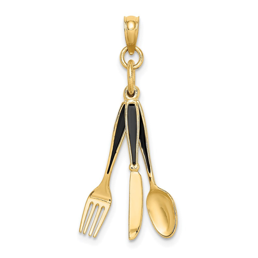 Million Charms 14K Yellow Gold Themed 3-D Enamel Knife, Fork, Spoon Moveable Charm