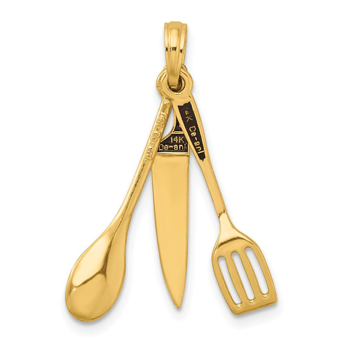 Million Charms 14K Yellow Gold Themed 3-D Enamel Butcher Knife, Spoon & Spatula Moveable Charm