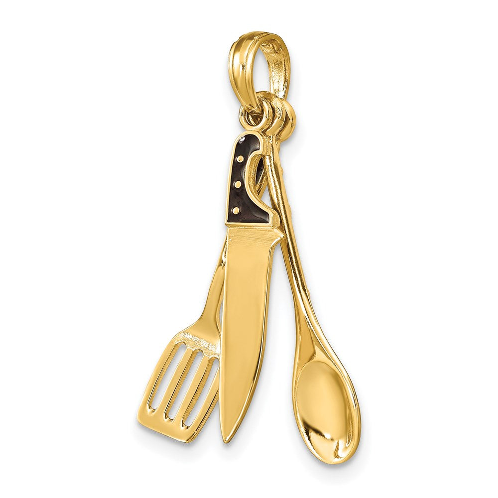 Million Charms 14K Yellow Gold Themed 3-D Enamel Butcher Knife, Spoon & Spatula Moveable Charm