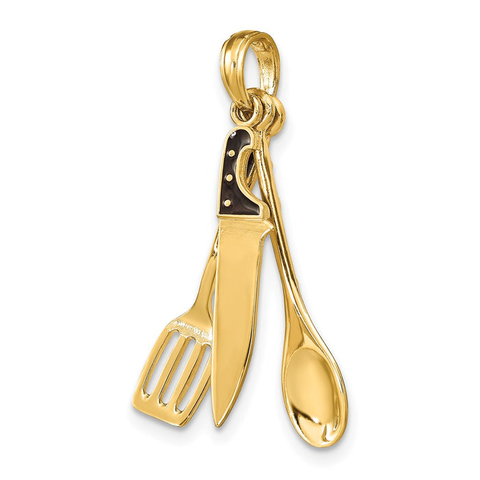 Million Charms 14K Yellow Gold Themed 3-D Enamel Butcher Knife, Spoon & Spatula Moveable Charm