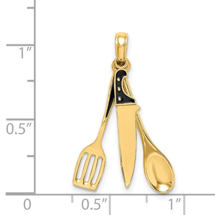 Million Charms 14K Yellow Gold Themed 3-D Enamel Butcher Knife, Spoon & Spatula Moveable Charm