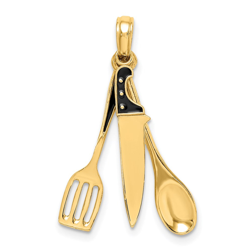 Million Charms 14K Yellow Gold Themed 3-D Enamel Butcher Knife, Spoon & Spatula Moveable Charm