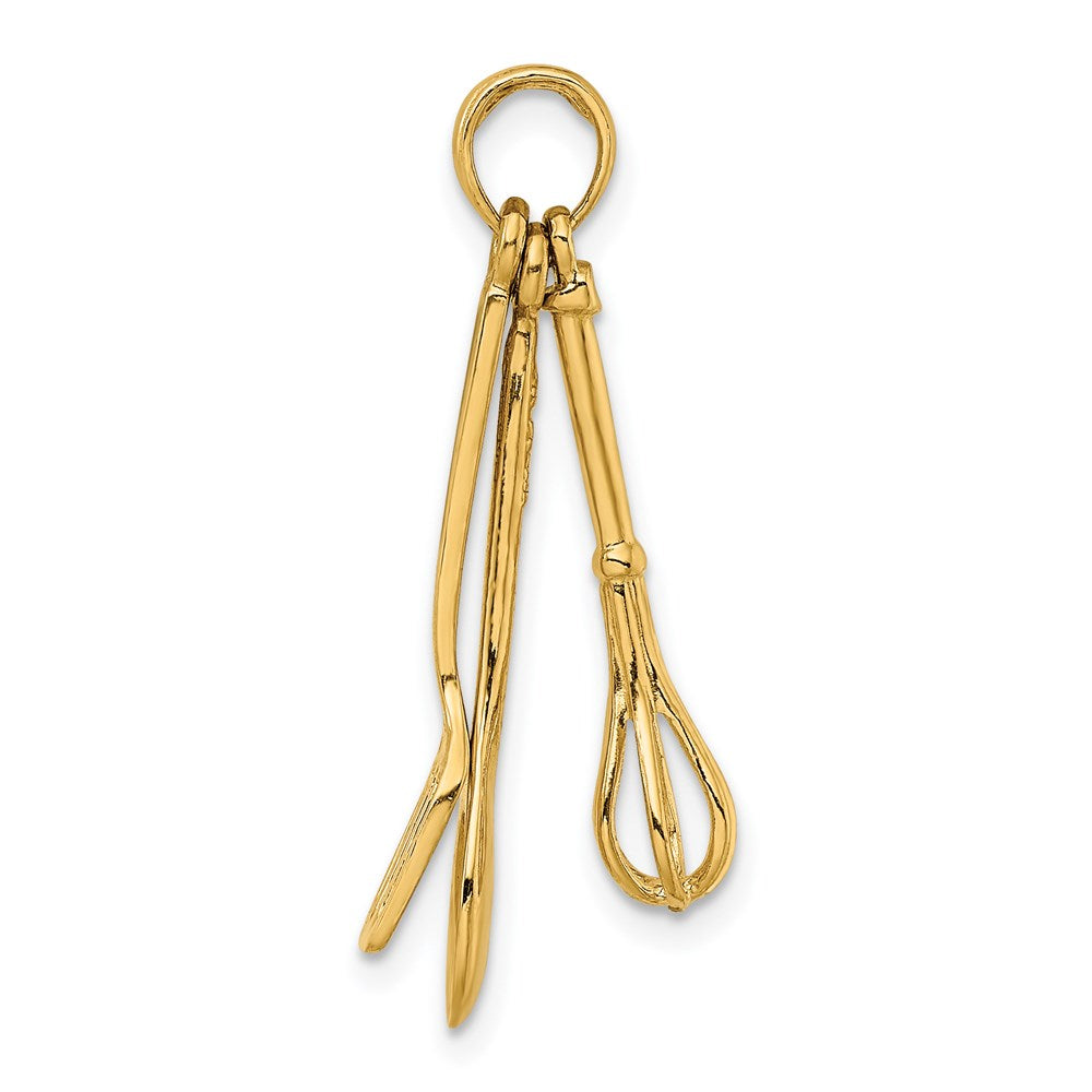 Million Charms 14K Yellow Gold Themed 3-D Enamel Spatula, Wooden Spoon, Whisk Moveable Charm