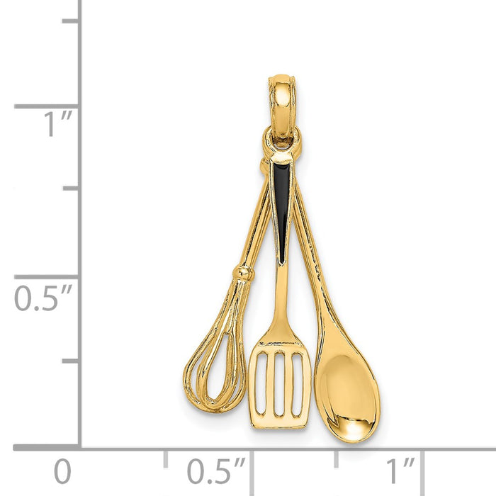 Million Charms 14K Yellow Gold Themed 3-D Enamel Spatula, Wooden Spoon, Whisk Moveable Charm
