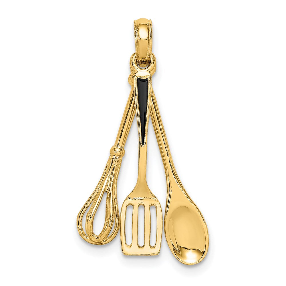 Million Charms 14K Yellow Gold Themed 3-D Enamel Spatula, Wooden Spoon, Whisk Moveable Charm