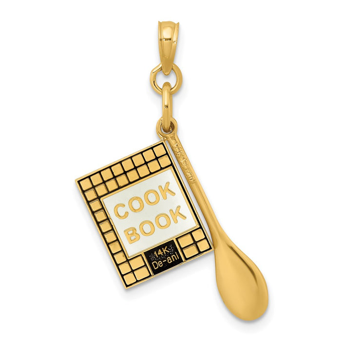 Million Charms 14K Yellow Gold Themed 3-D Cook Book With Black Enamel & Wooden Spoon Charm