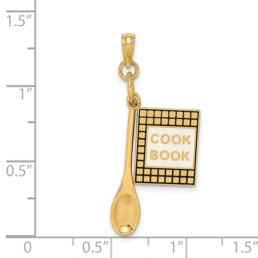 Million Charms 14K Yellow Gold Themed 3-D Cook Book With Black Enamel & Wooden Spoon Charm