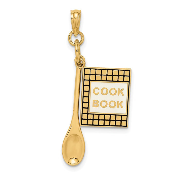 Million Charms 14K Yellow Gold Themed 3-D Cook Book With Black Enamel & Wooden Spoon Charm