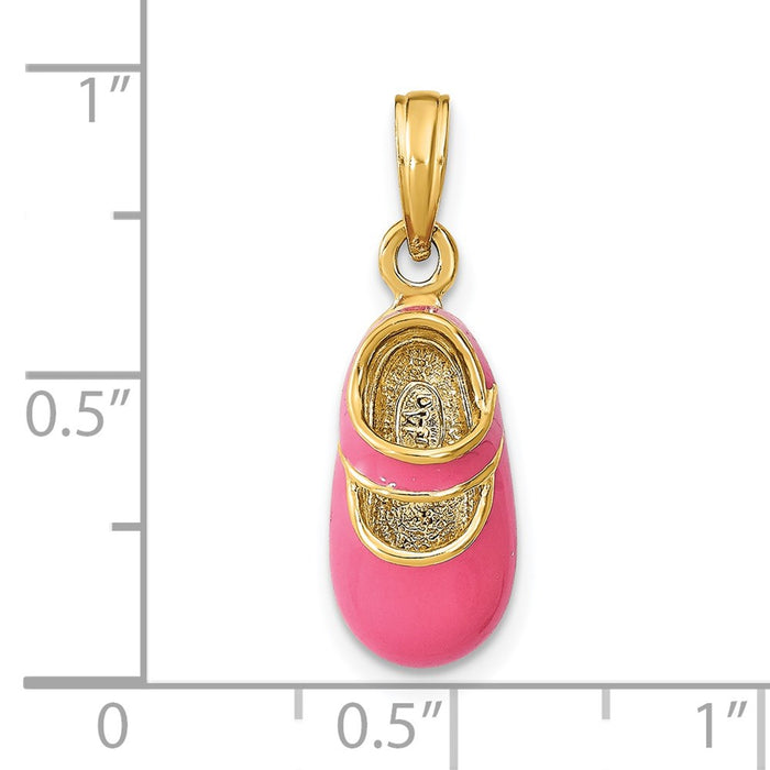 Million Charms 14K Yellow Gold Themed With Pink Enamel 3-D Baby Shoe Charm