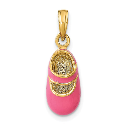 Million Charms 14K Yellow Gold Themed With Pink Enamel 3-D Baby Shoe Charm