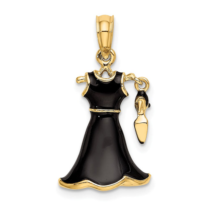 Million Charms 14K Yellow Gold Themed 3-D Moveable Enamel Black Dress With Shoe Charm