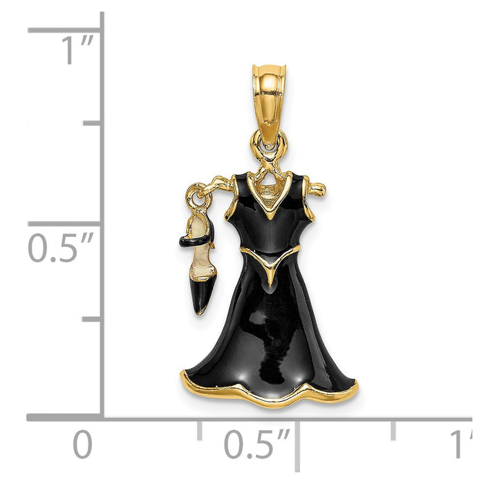 Million Charms 14K Yellow Gold Themed 3-D Moveable Enamel Black Dress With Shoe Charm
