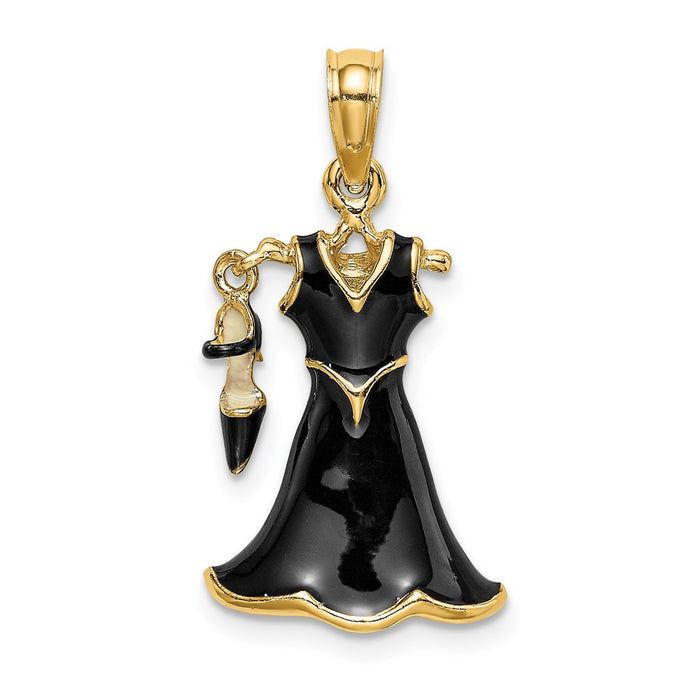 Million Charms 14K Yellow Gold Themed 3-D Moveable Enamel Black Dress With Shoe Charm