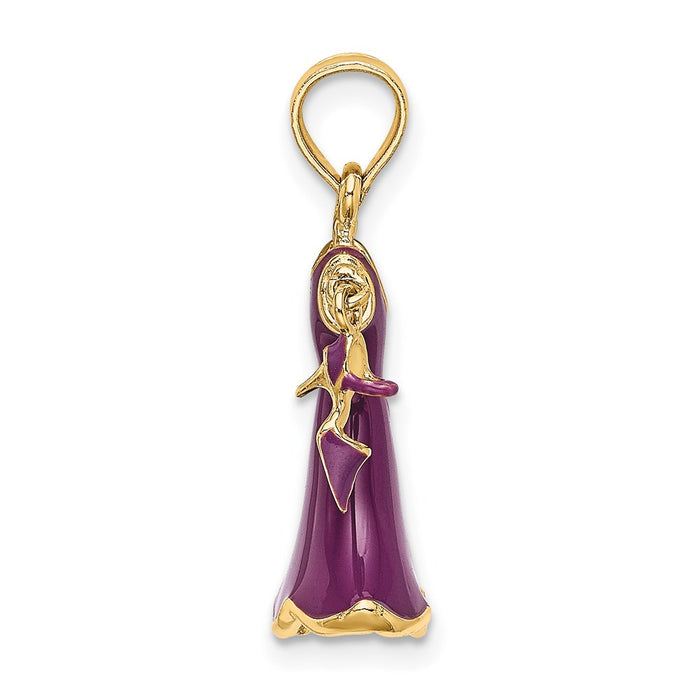 Million Charms 14K Yellow Gold Themed 3-D Moveable Enamel Eggplant Dress With Shoe Charm