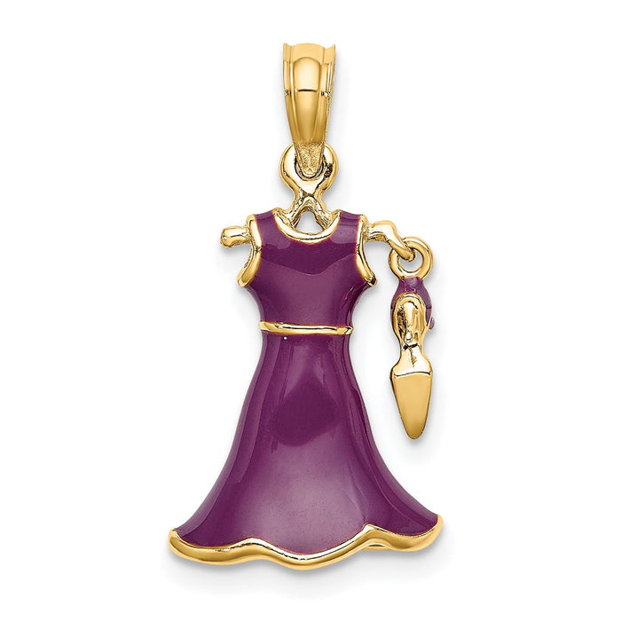 Million Charms 14K Yellow Gold Themed 3-D Moveable Enamel Eggplant Dress With Shoe Charm