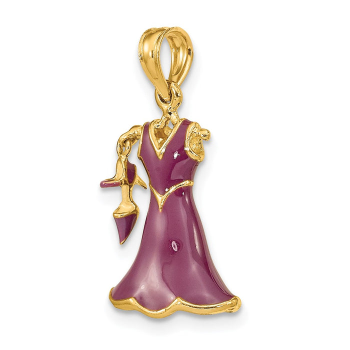 Million Charms 14K Yellow Gold Themed 3-D Moveable Enamel Eggplant Dress With Shoe Charm